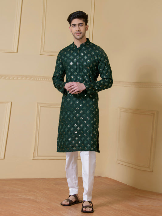 Regal Green Embellished Men's Kurta