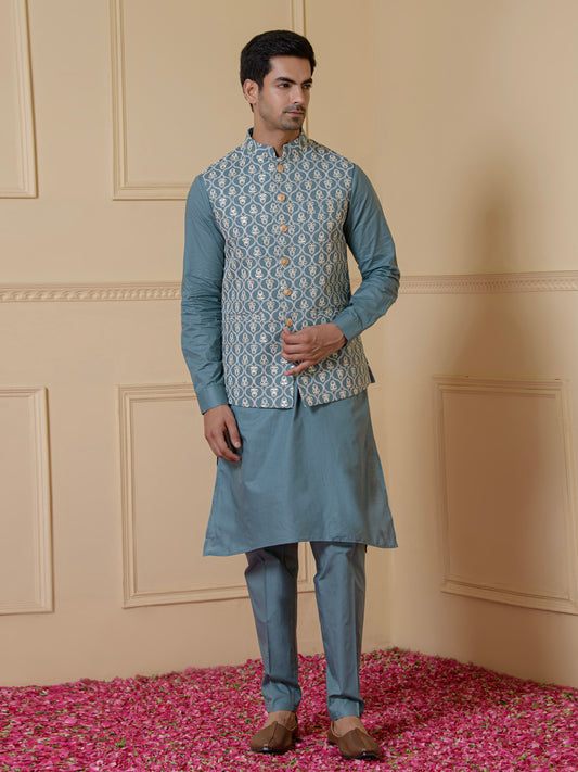 Misty Blue Embroidered Men's Kurta Set
