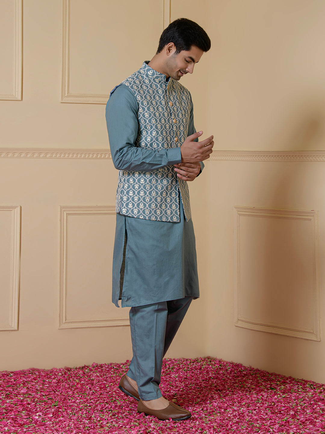 Misty Blue Embroidered Men's Kurta Set