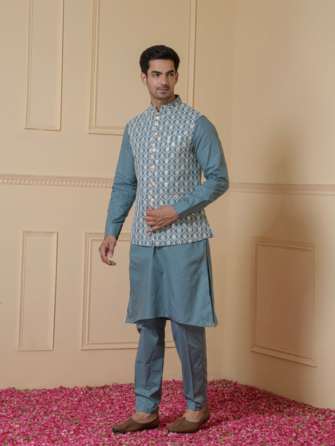 Misty Blue Embroidered Men's Kurta Set
