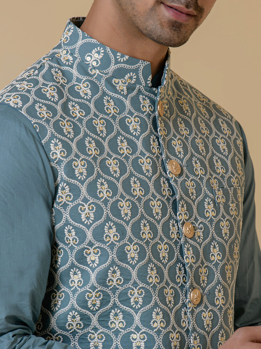 Misty Blue Embroidered Men's Kurta Set