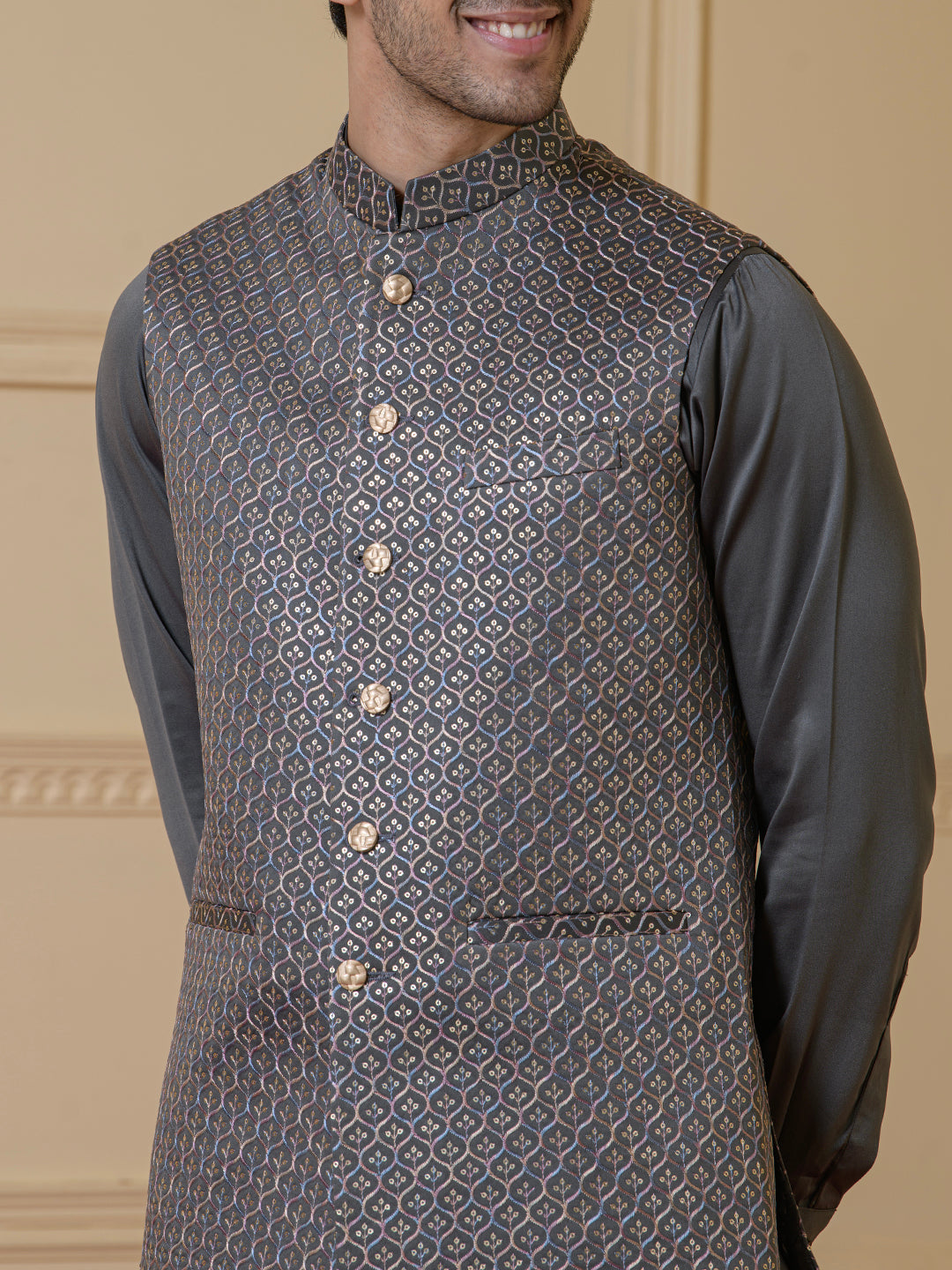 Refined Grey Sequined Men's Kurta Set