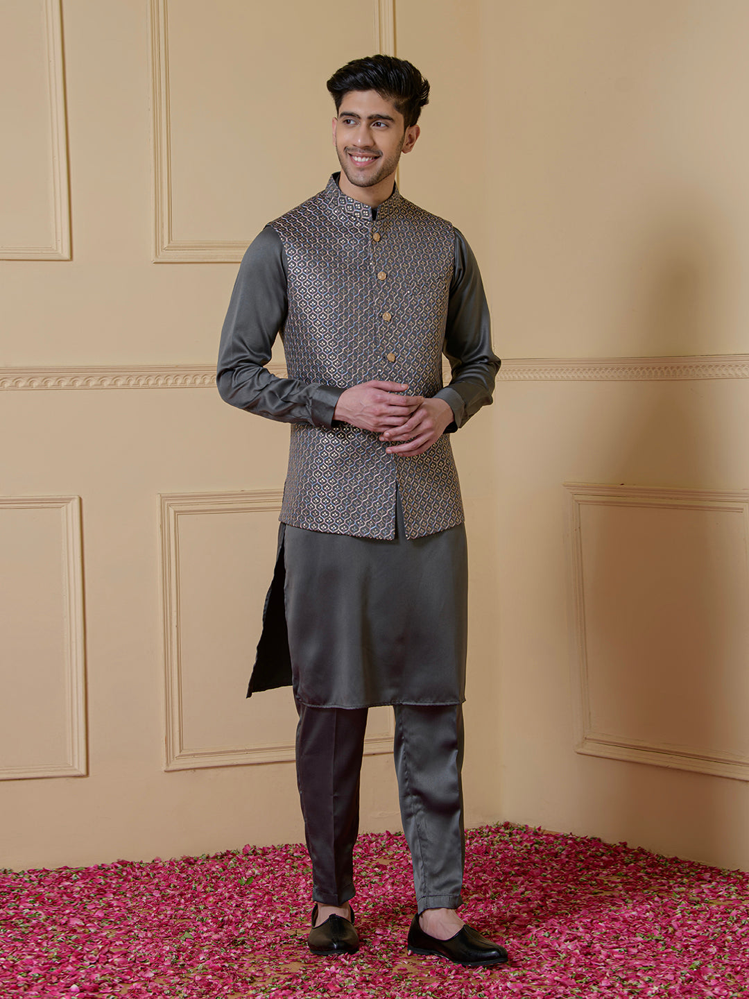 Refined Grey Sequined Men's Kurta Set