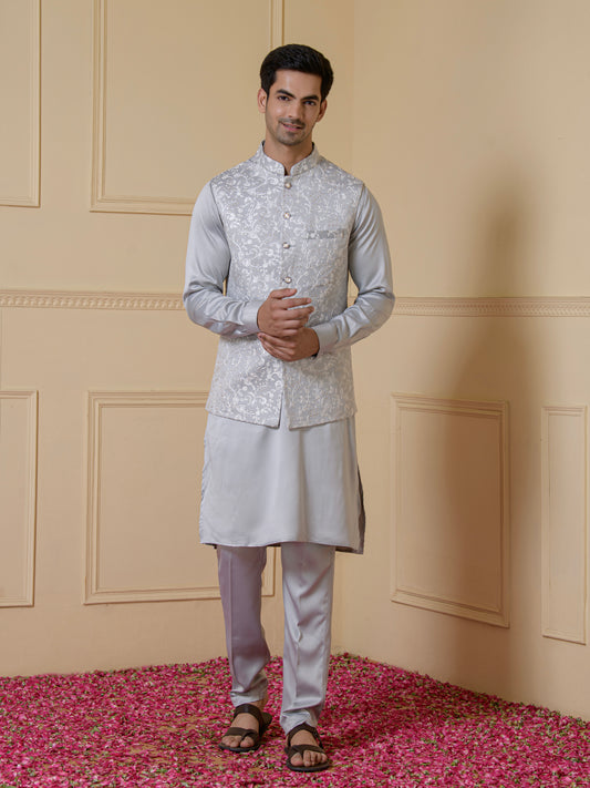 Serene Grey Embroidered Men's Kurta Set