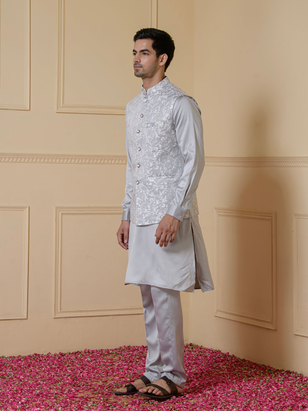 Serene Grey Embroidered Men's Kurta Set