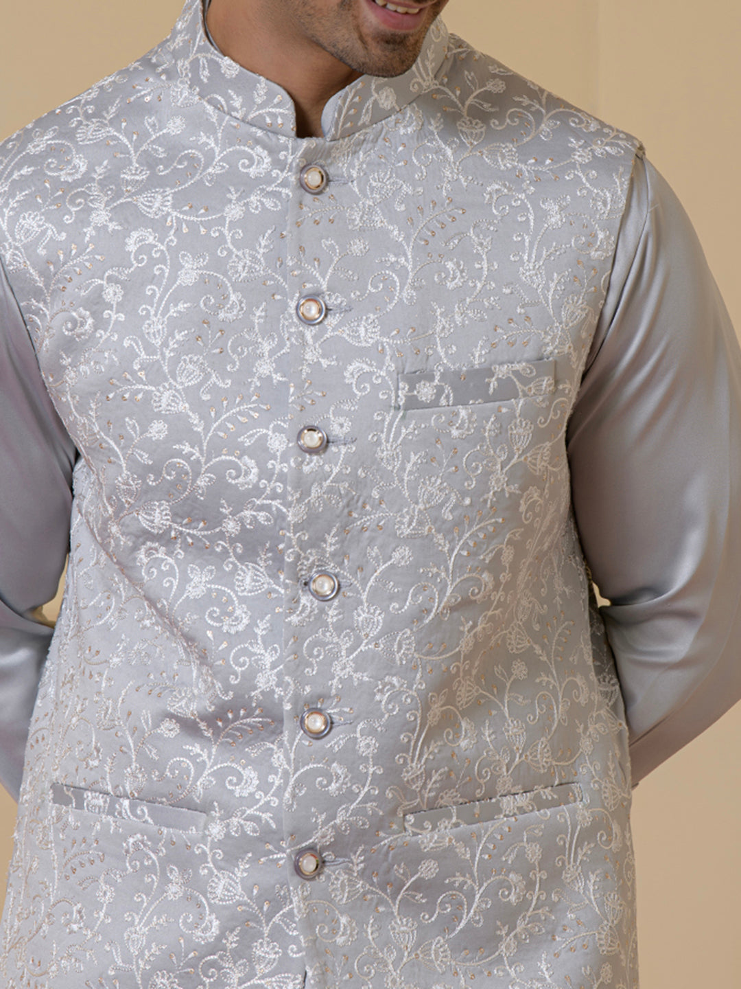 Serene Grey Embroidered Men's Kurta Set