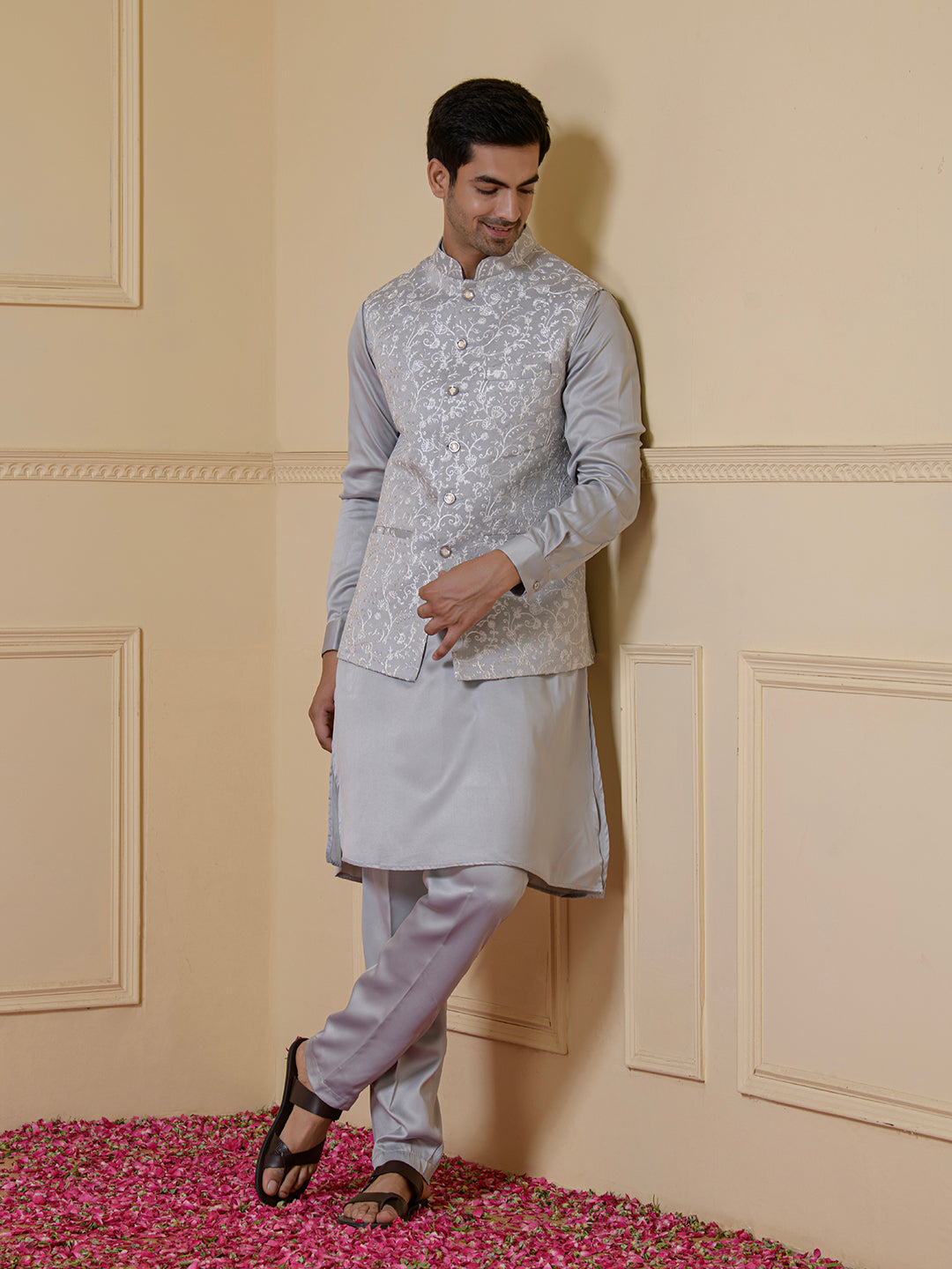 Serene Grey Embroidered Men's Kurta Set
