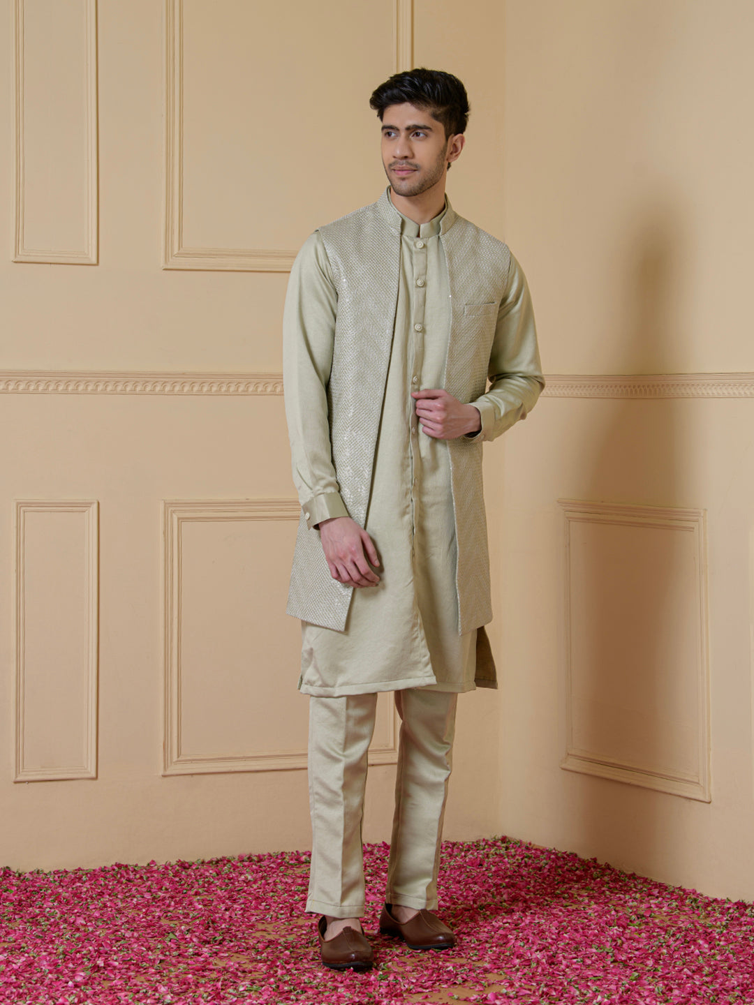 Light Green Sequined Men's Kurta Set