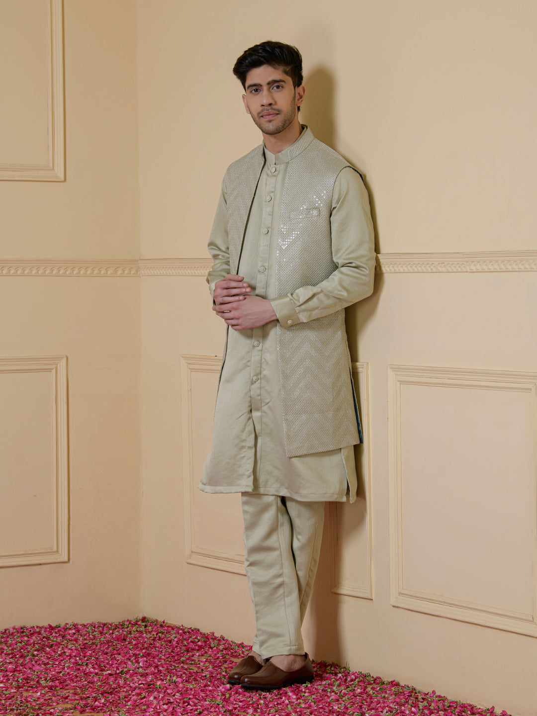 Light Green Sequined Men's Kurta Set