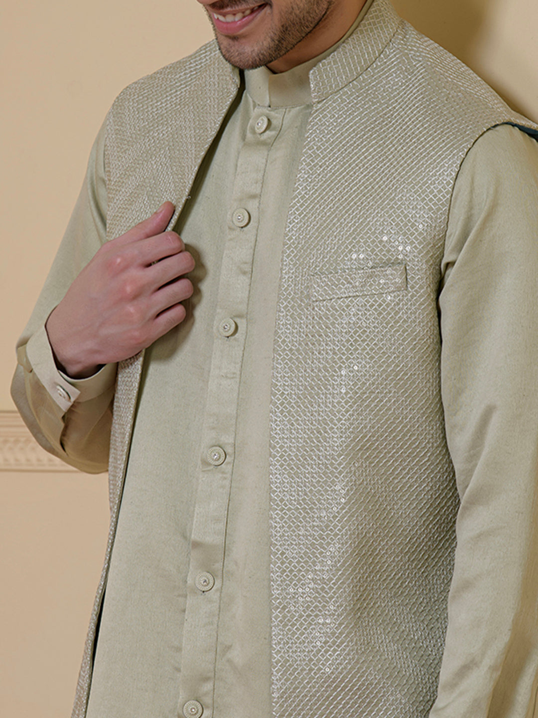 Light Green Sequined Men's Kurta Set