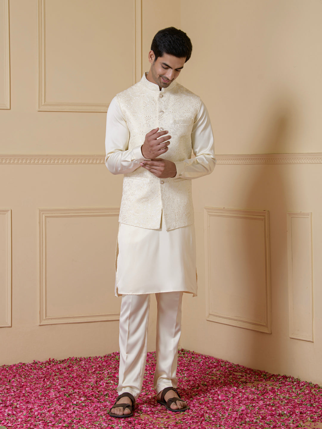 Elegant Cream Embroidered Men's Kurta Set
