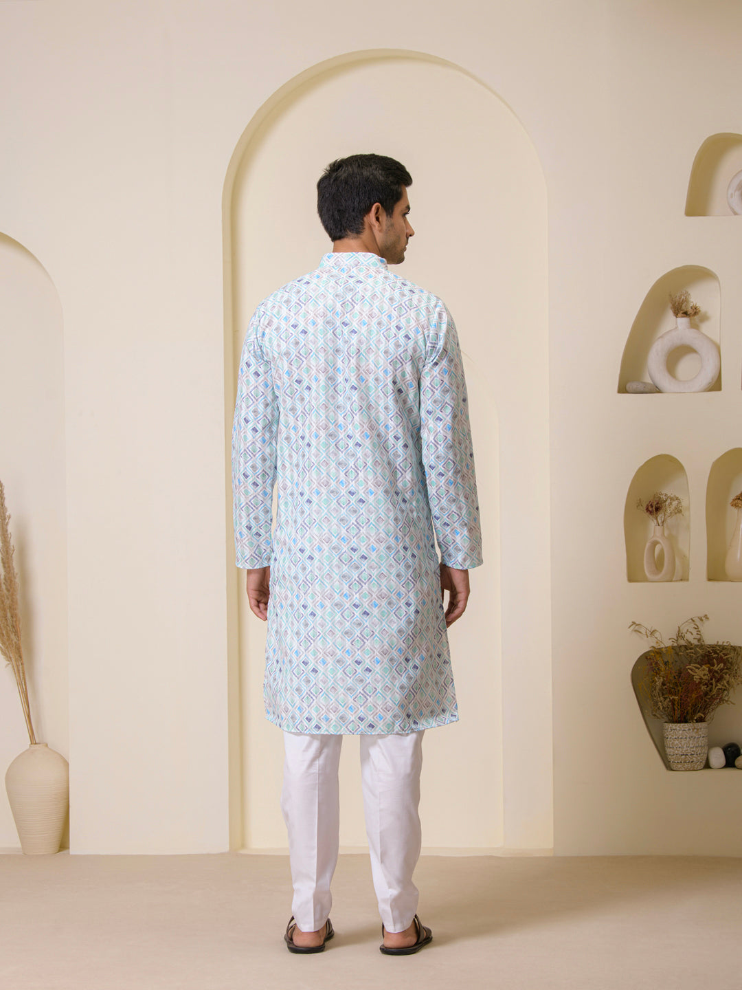 Blue Square Pattern Printed Men's Kurta