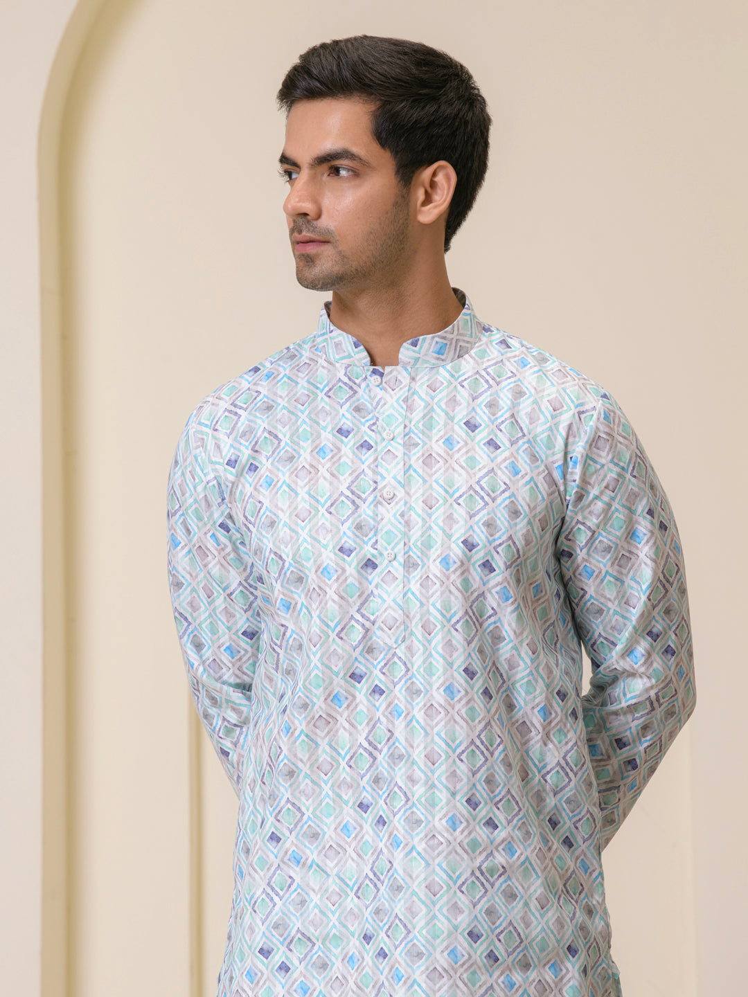 Blue Square Pattern Printed Men's Kurta