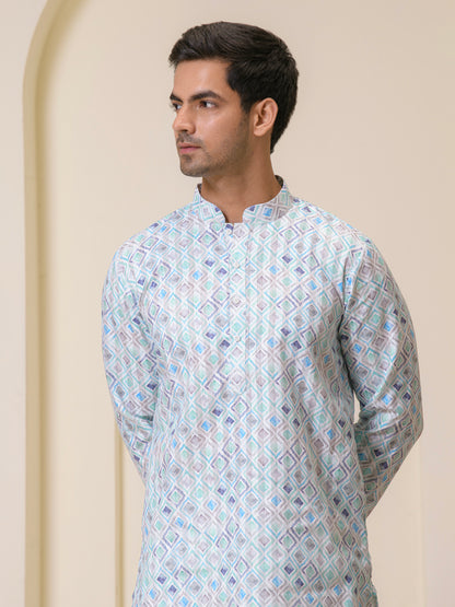 Blue Square Pattern Printed Men's Kurta