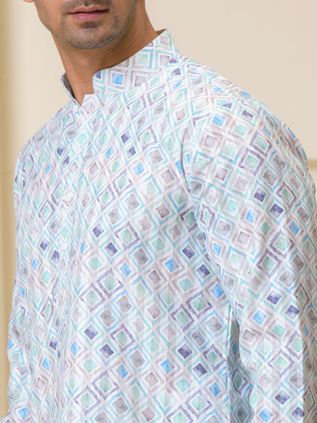 Blue Square Pattern Printed Men's Kurta