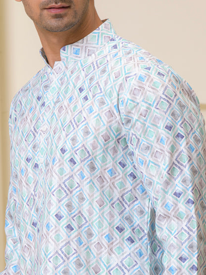 Blue Square Pattern Printed Men's Kurta