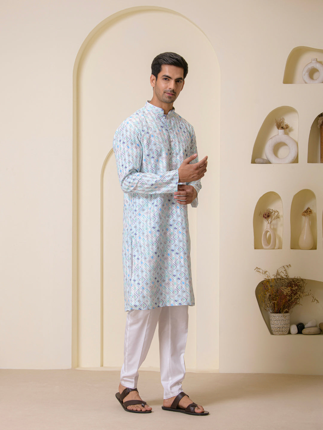 Blue Square Pattern Printed Men's Kurta