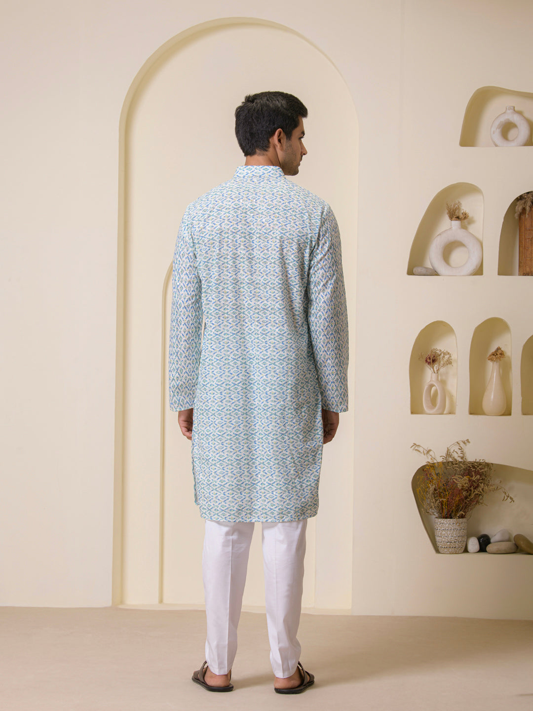 Teal Blue Mosaic Printed Men's Kurta