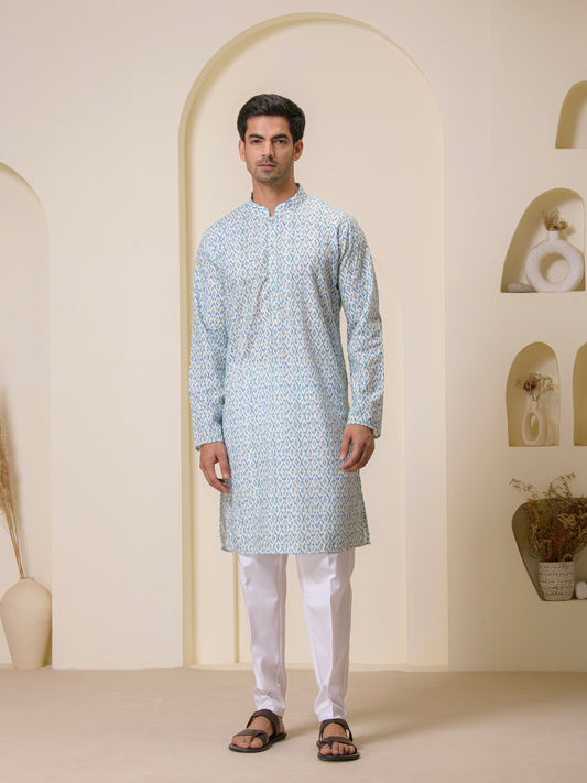Teal Blue Mosaic Printed Men's Kurta