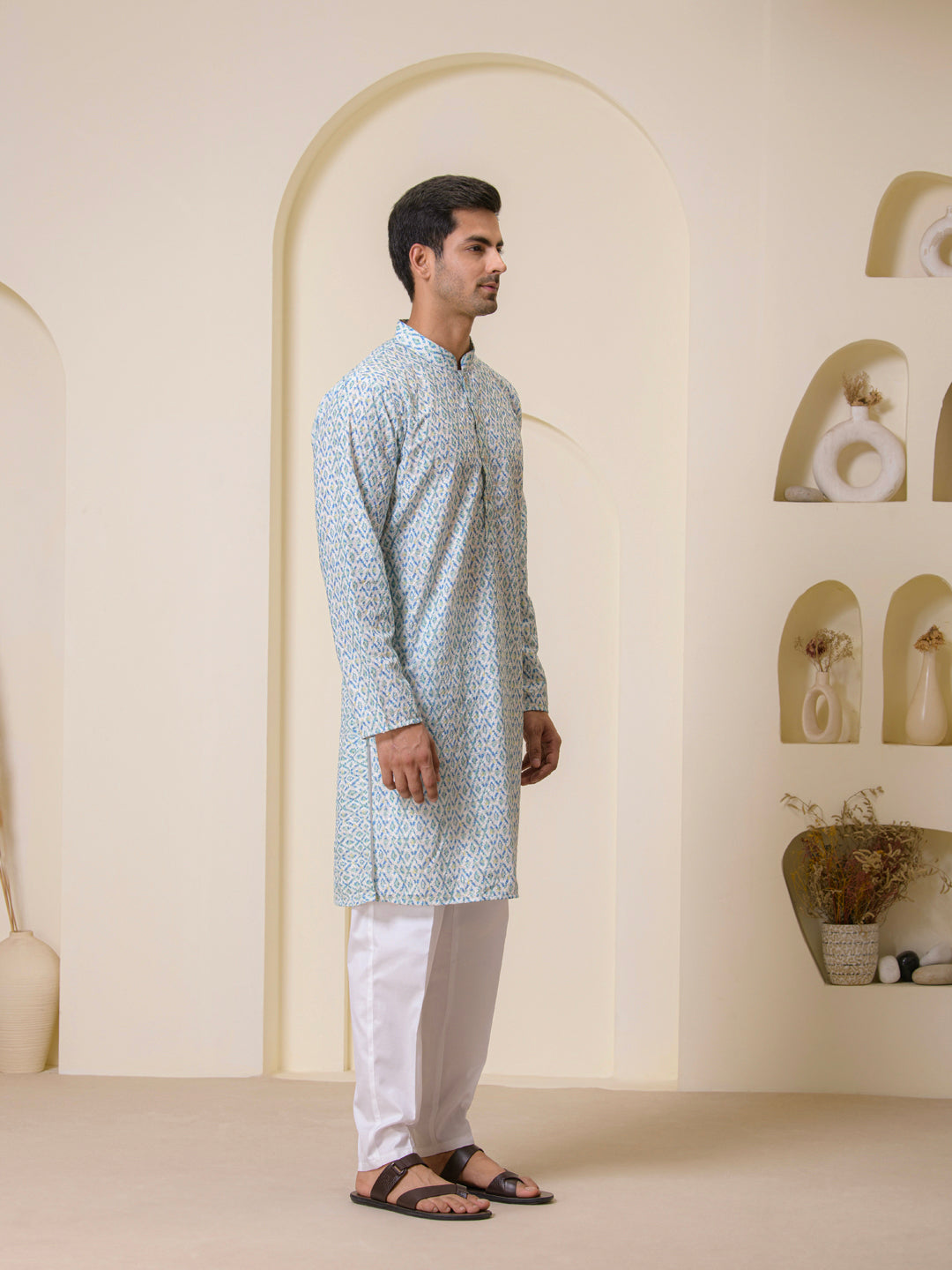 Teal Blue Mosaic Printed Men's Kurta