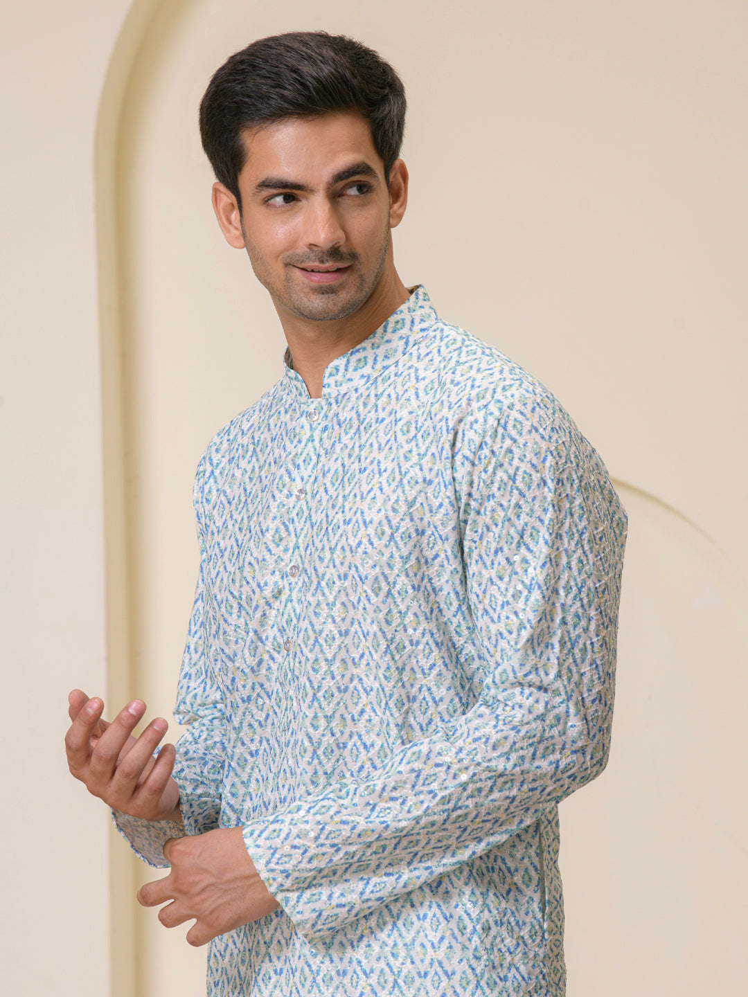 Teal Blue Mosaic Printed Men's Kurta