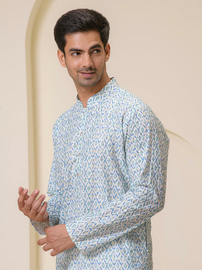 Teal Blue Mosaic Printed Men's Kurta