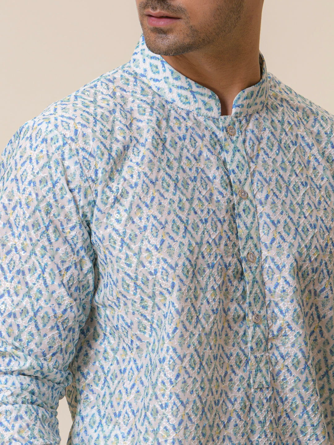 Teal Blue Mosaic Printed Men's Kurta
