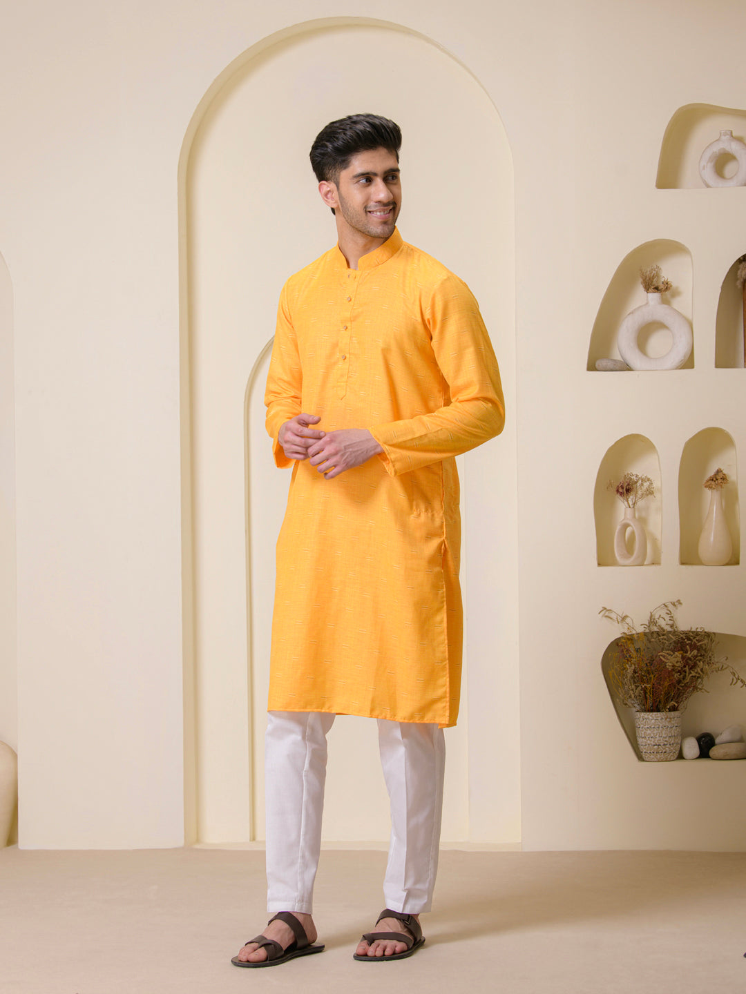 Tangerine Yellow Solid Men’s Kurta