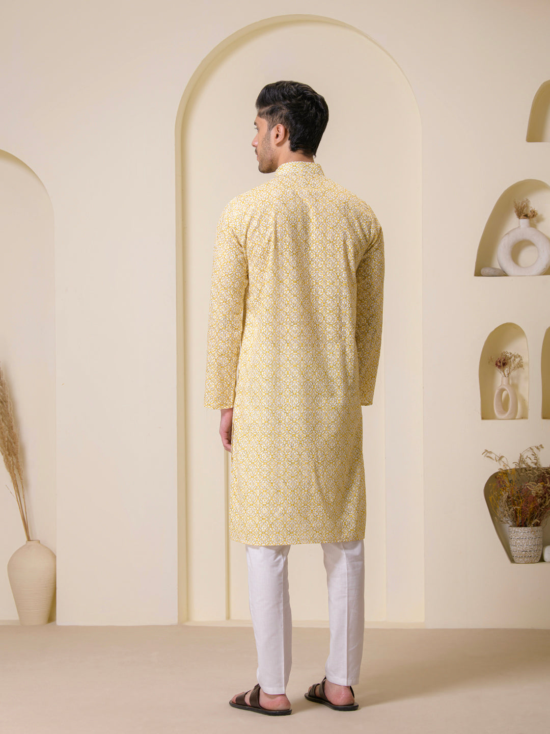 Golden Yellow Printed Men's Kurta