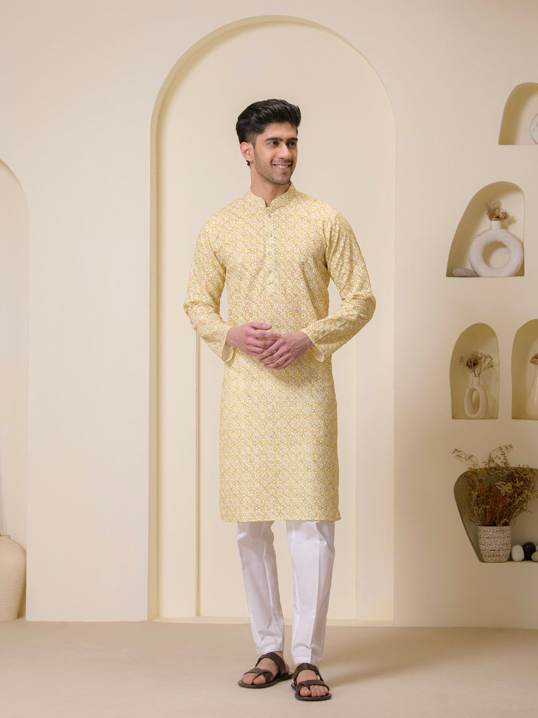 Golden Yellow Printed Men's Kurta