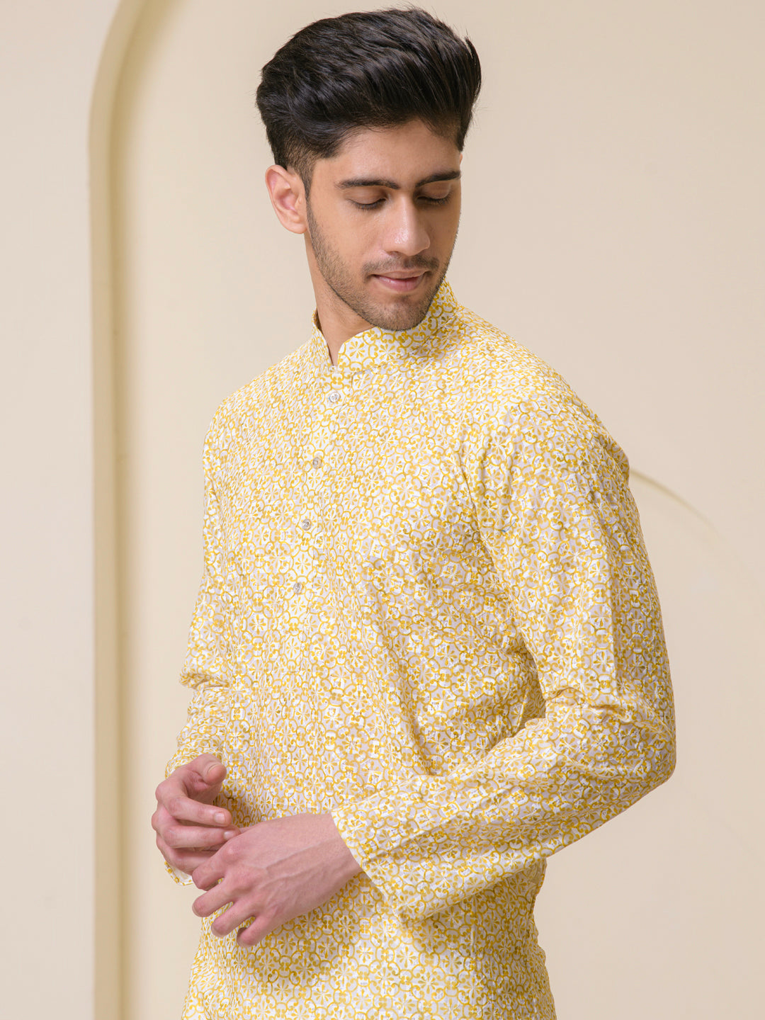 Golden Yellow Printed Men's Kurta