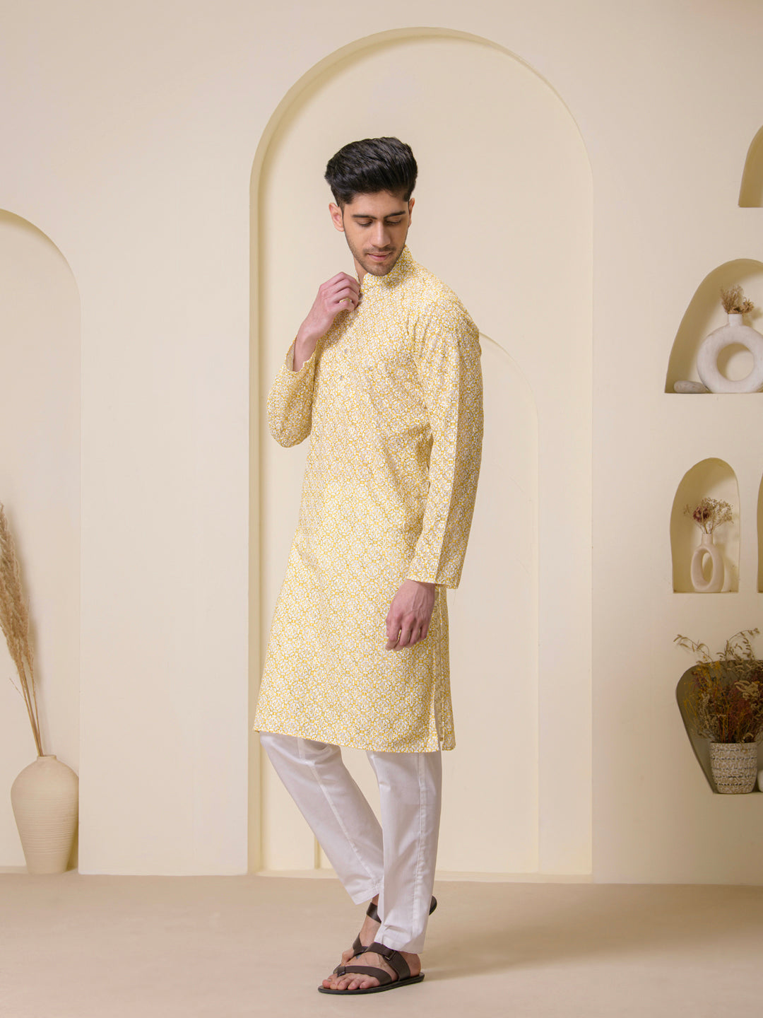 Golden Yellow Printed Men's Kurta