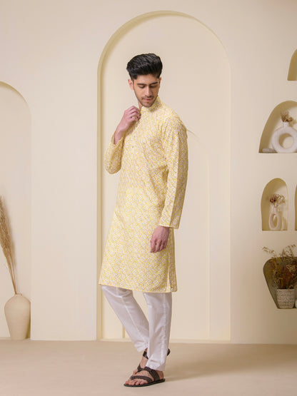 Golden Yellow Printed Men's Kurta