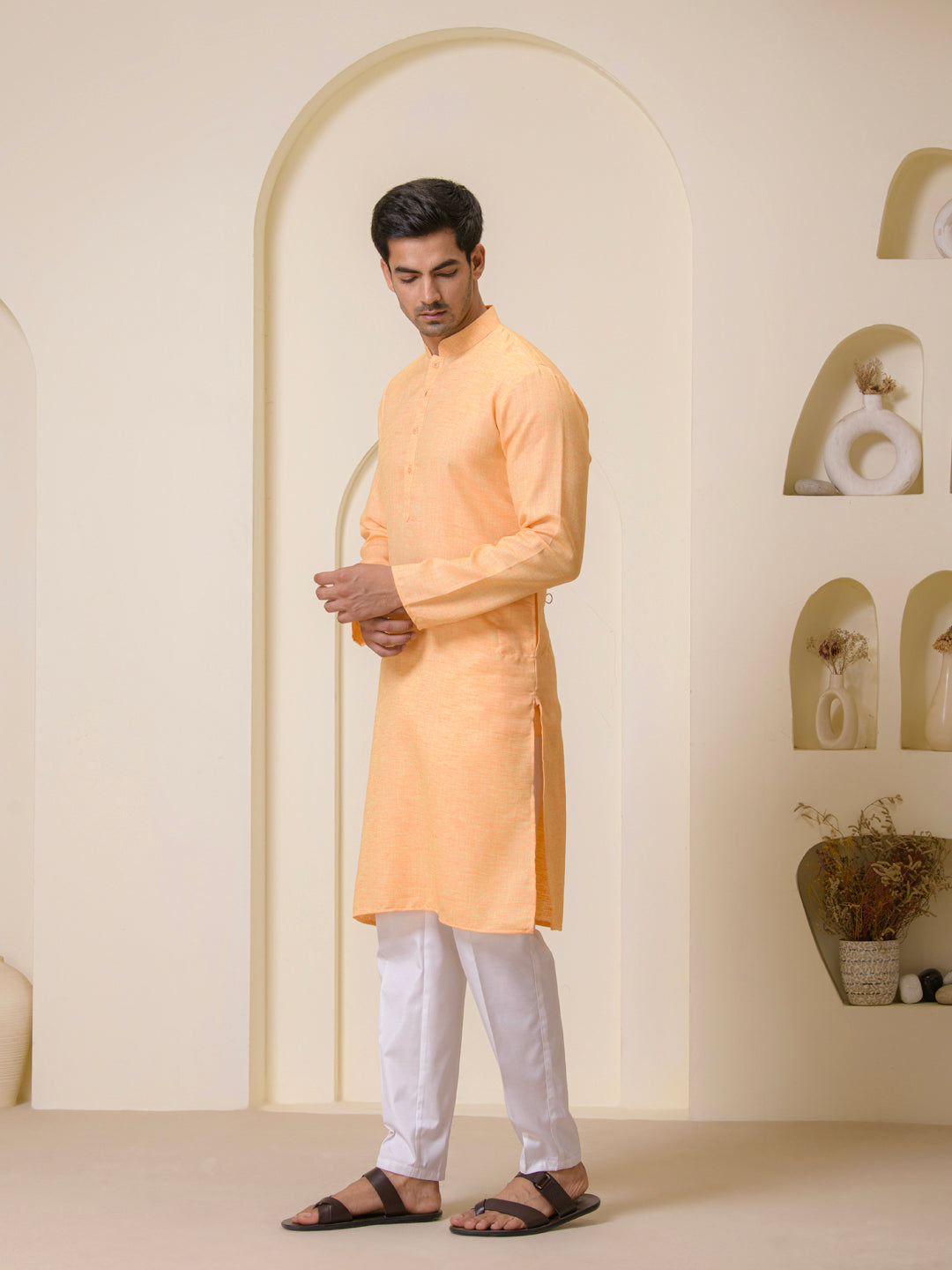 Peach Orange Linen Men's Kurta