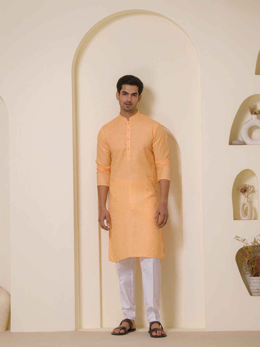 Peach Orange Linen Men's Kurta