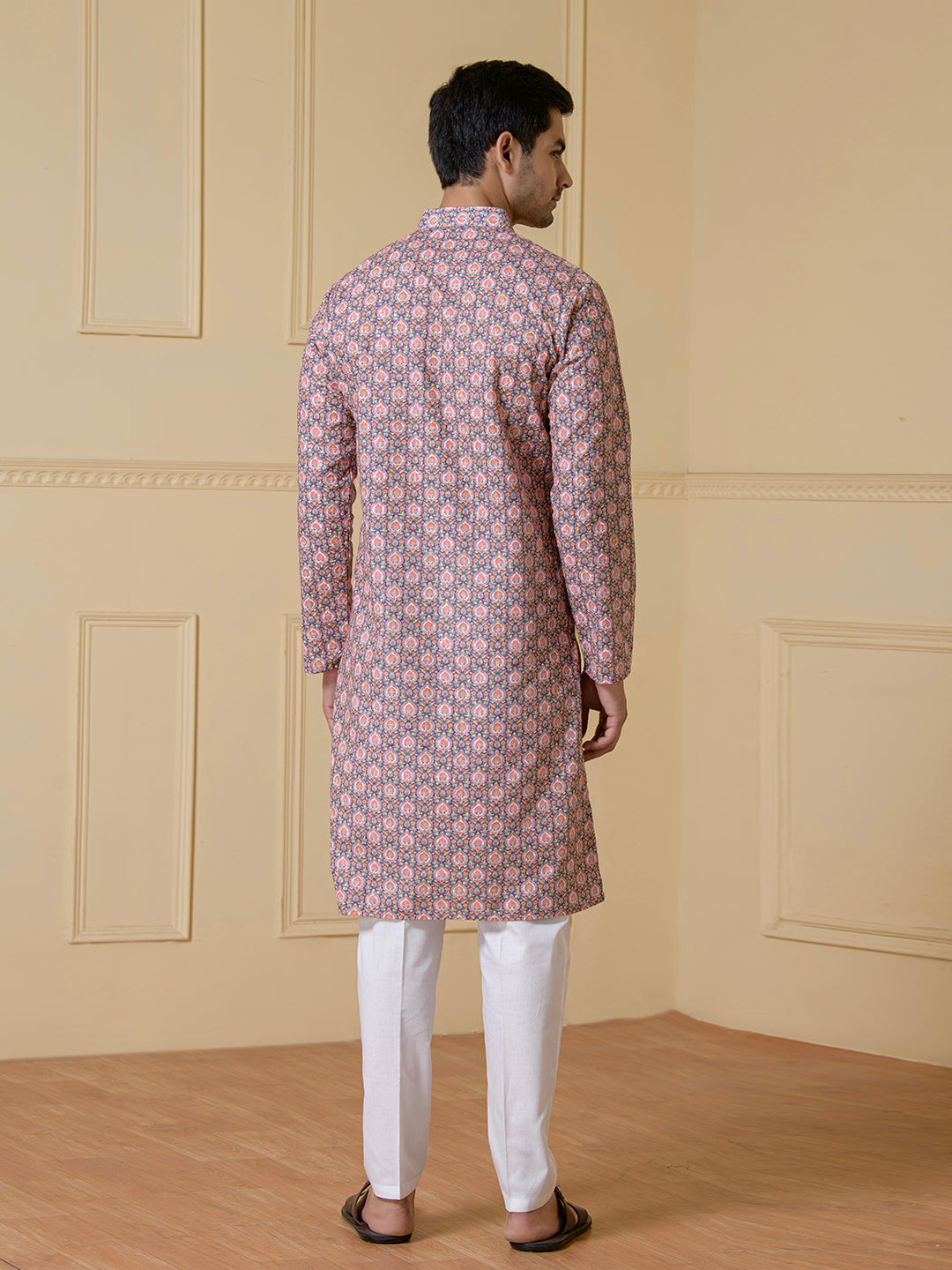 Pink Motifs Blue Printed Men’s Kurta