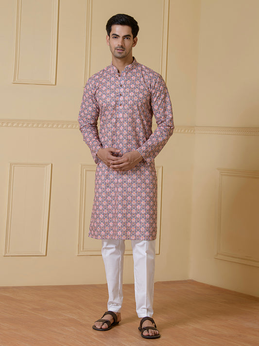 Pink Motifs Blue Printed Men’s Kurta