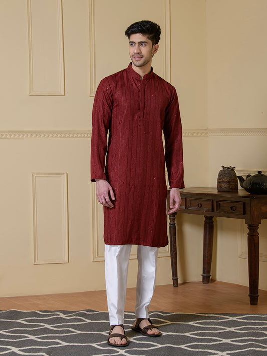 Radiant Maroon Sequined Men's Kurta