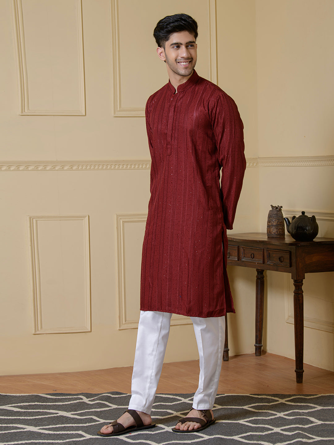 Radiant Maroon Sequined Men's Kurta