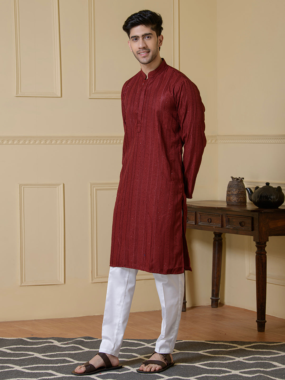 Radiant Maroon Sequined Men's Kurta