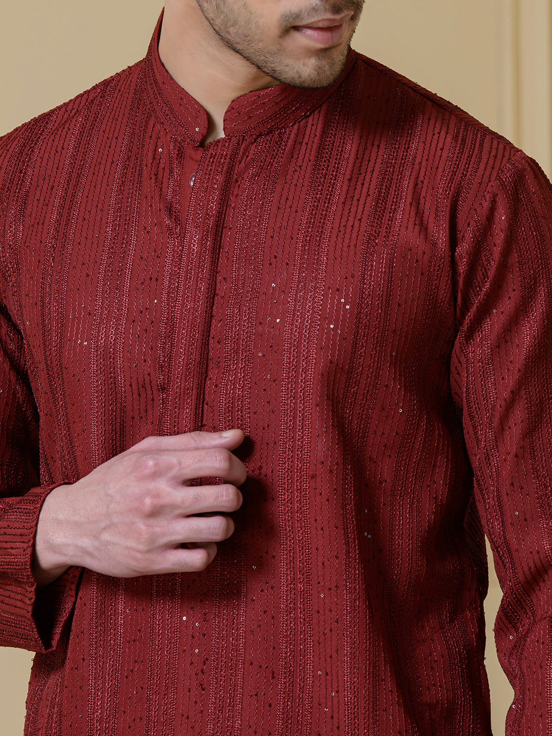 Radiant Maroon Sequined Men's Kurta
