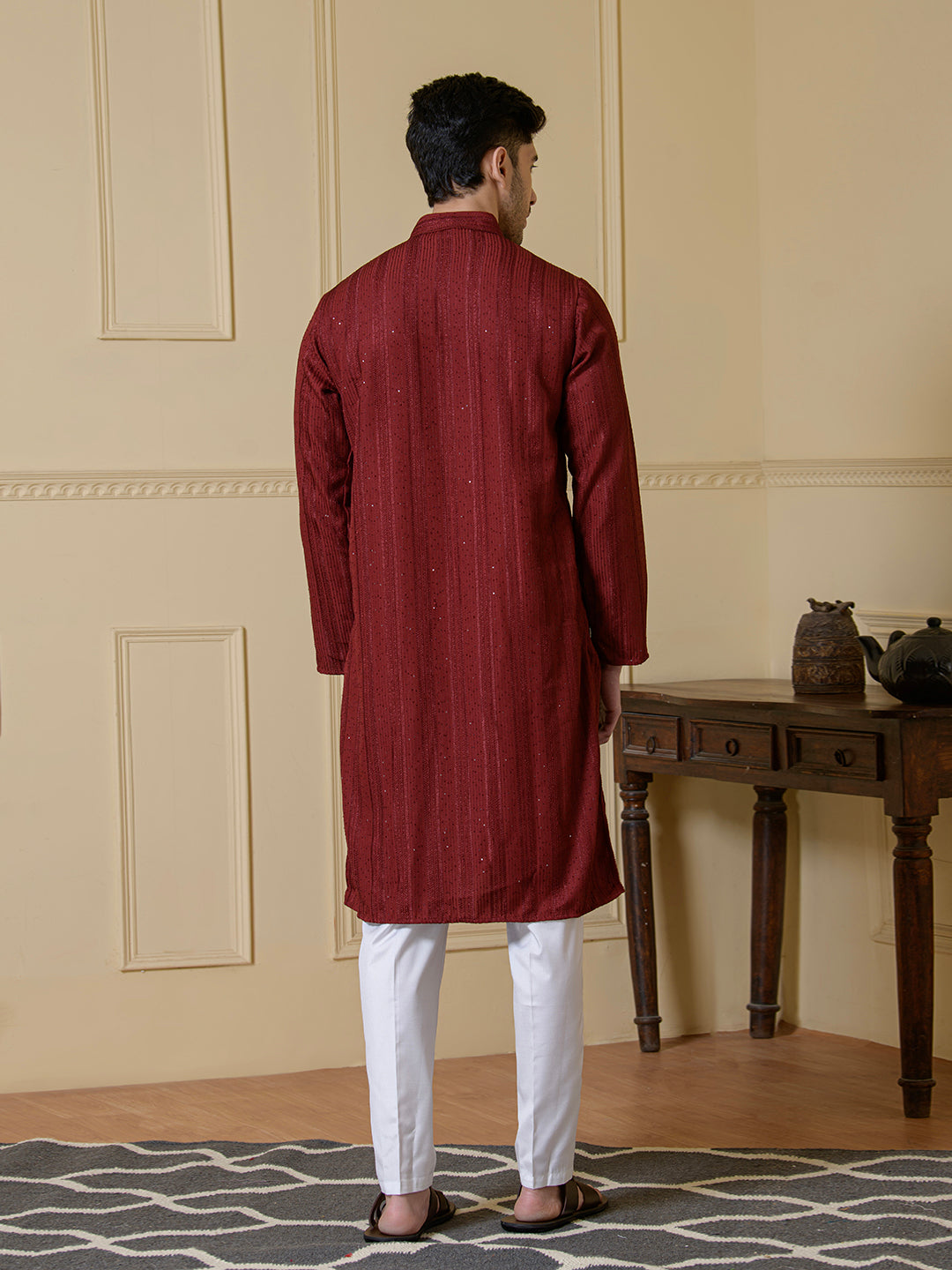 Radiant Maroon Sequined Men's Kurta