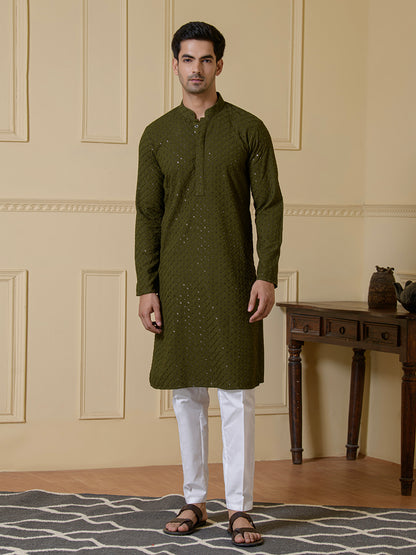 Deep Olive Chikankari Men's Kurta