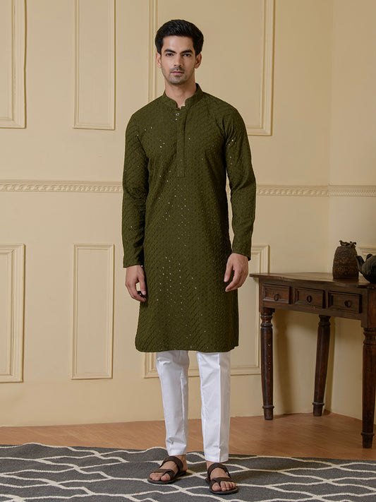 Deep Olive Chikankari Men's Kurta