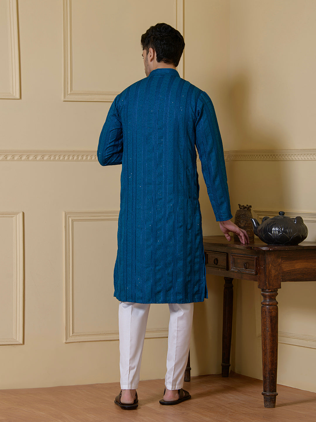 Luminous Azure Blue Sequined Men's Kurta
