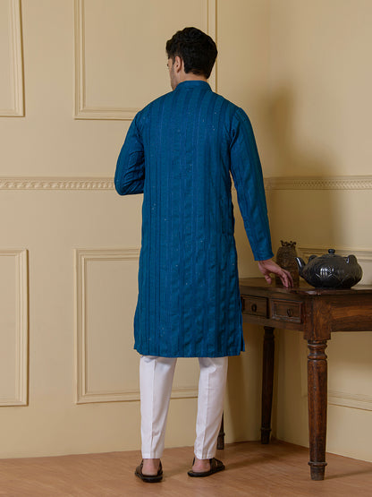Luminous Azure Blue Sequined Men's Kurta