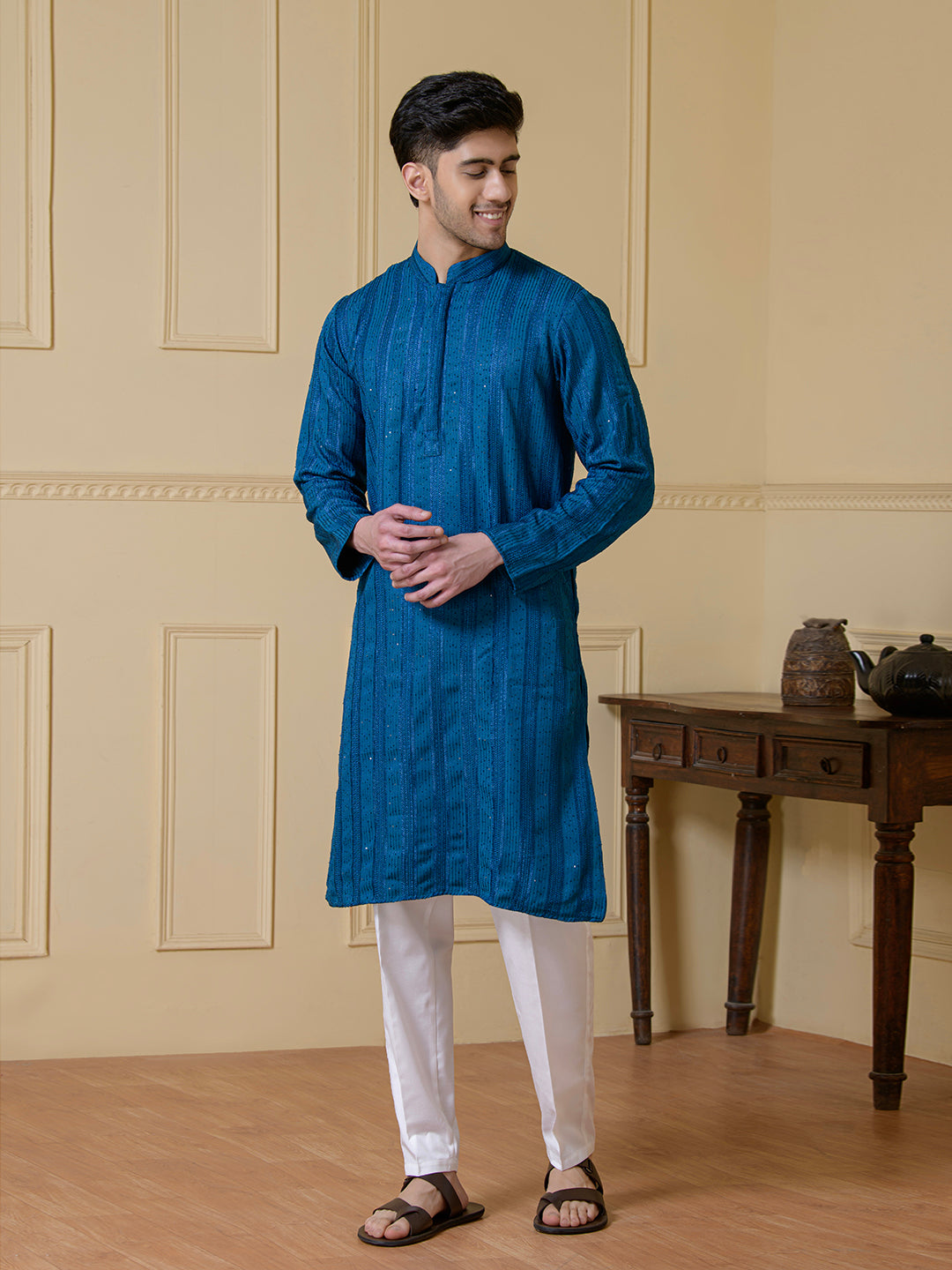 Luminous Azure Blue Sequined Men's Kurta