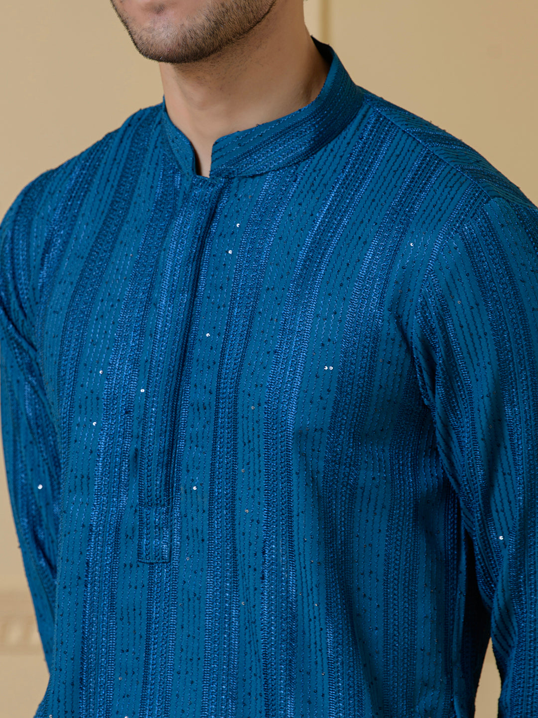 Luminous Azure Blue Sequined Men's Kurta