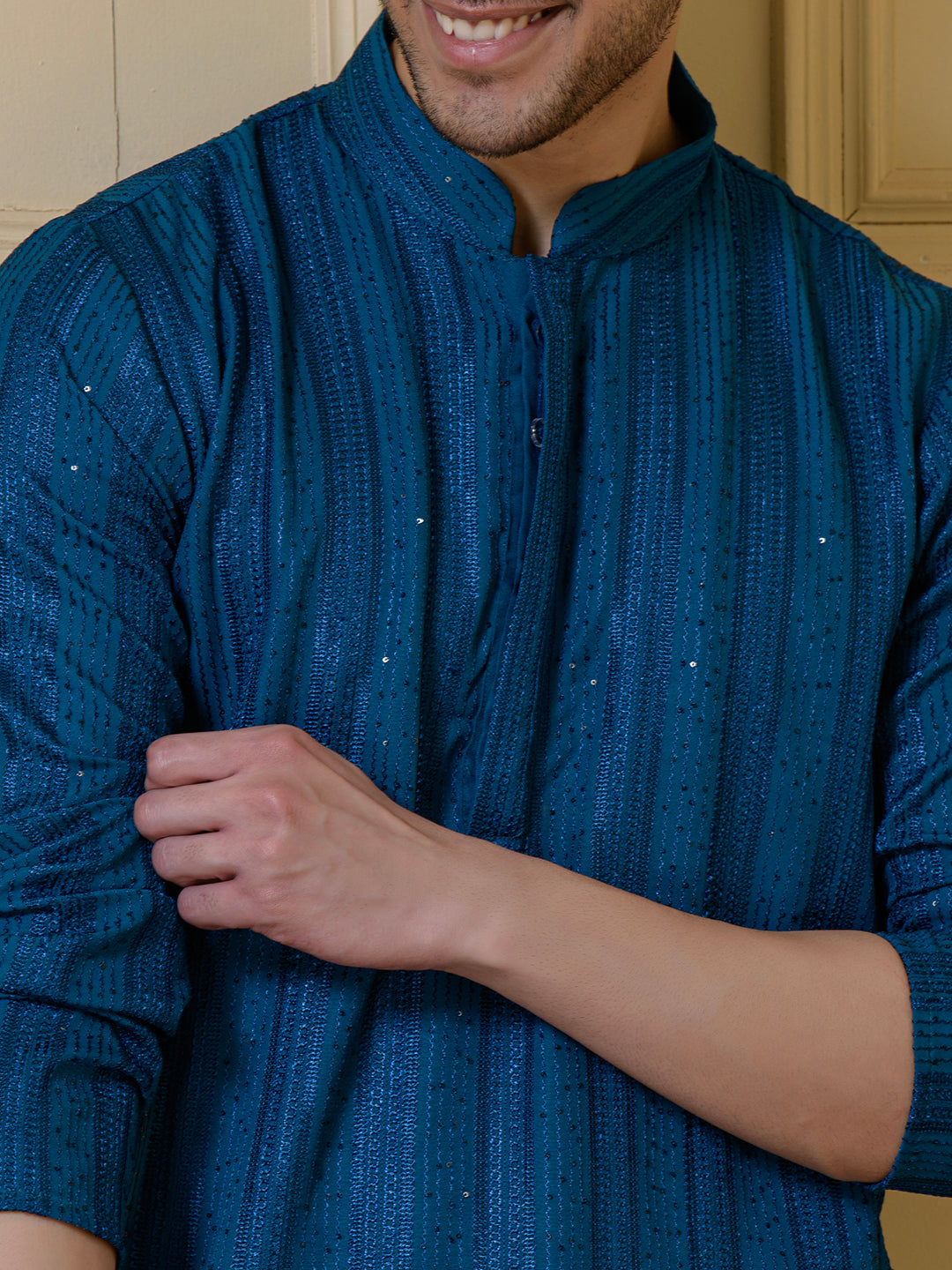 Luminous Azure Blue Sequined Men's Kurta