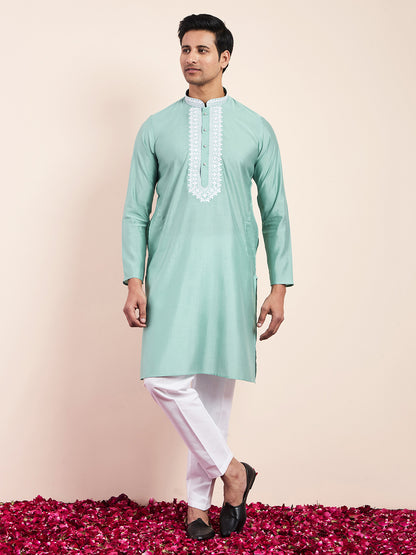 Sea Green Yoke Chikankari Men's Kurta